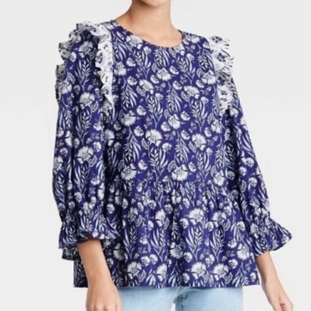 Universal thread purple ruffle sleeve floral blouse small